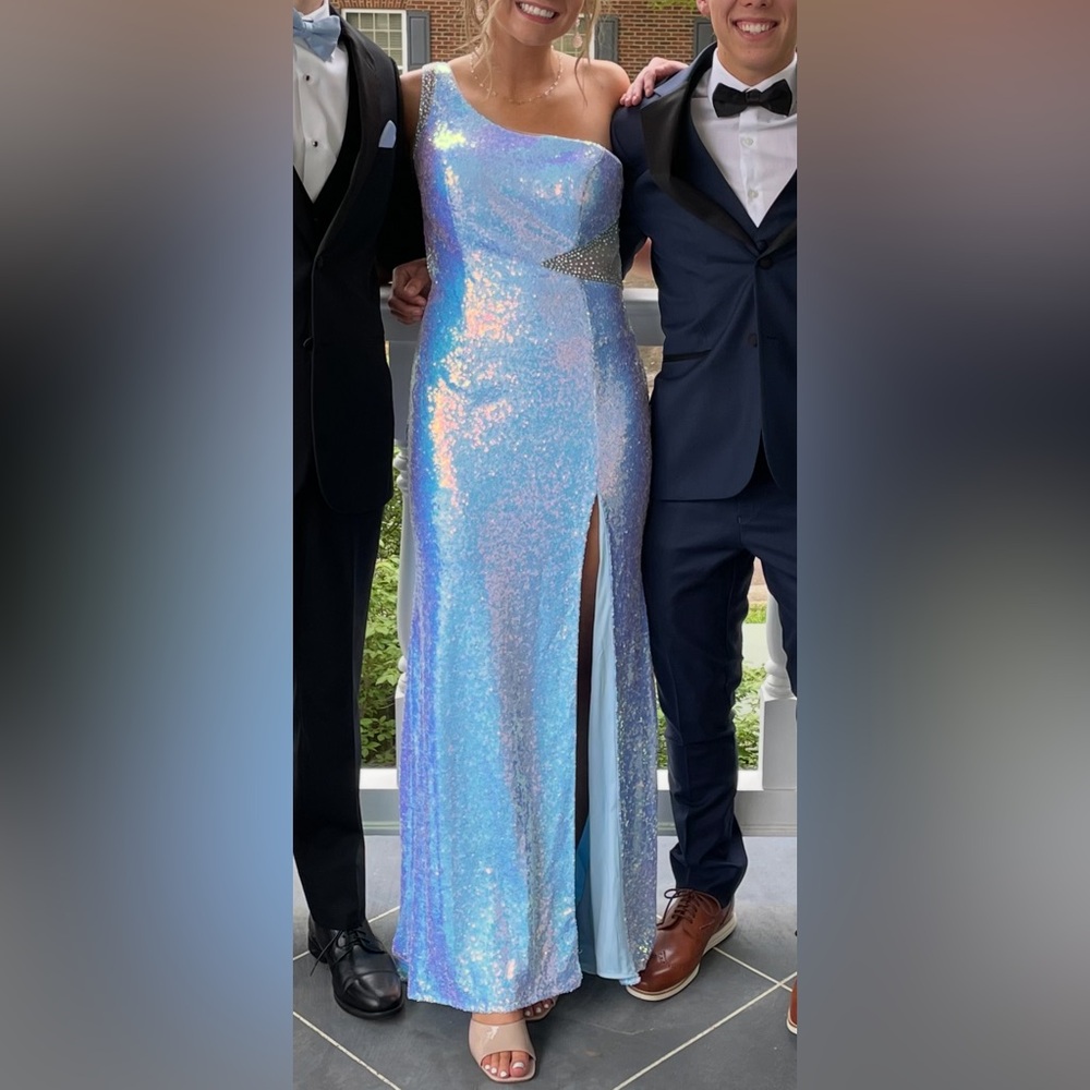Clarisse Blue and Pink Sequin Slit Prom Gown PLUS EXTRA FABRIC FOR A BOWTIE!!!!